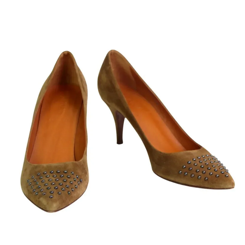J. CREW OLIVE GENUINE LEATHER SUEDE MID HEEL POINTED CLASSIC PUMP SHOES Sz 8 1/2